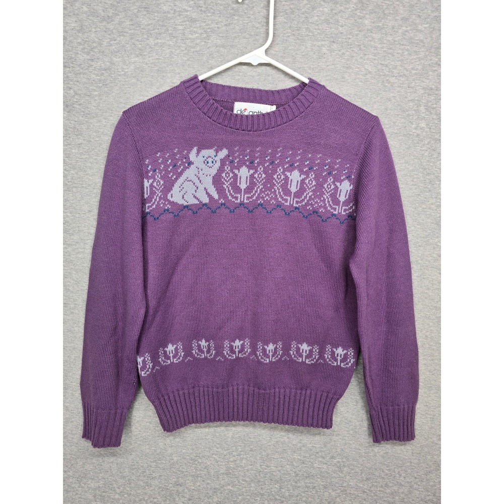 Vintage 80s de Lanthe Pig Piglet Floral Knit Sweater Medium Deep Violet Pullover